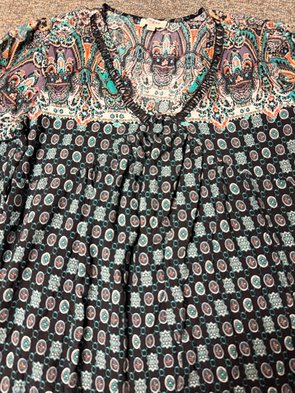 Umgee Boho Paisley Peasant Tunic Top Large Black Teal Ruffle Hem - Picture 6 of 9